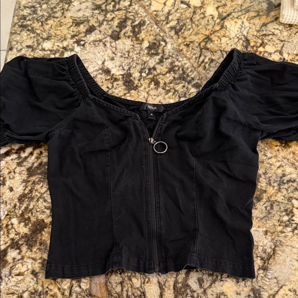 Aqua Black Puff Sleeve Zip-Up Blouse
